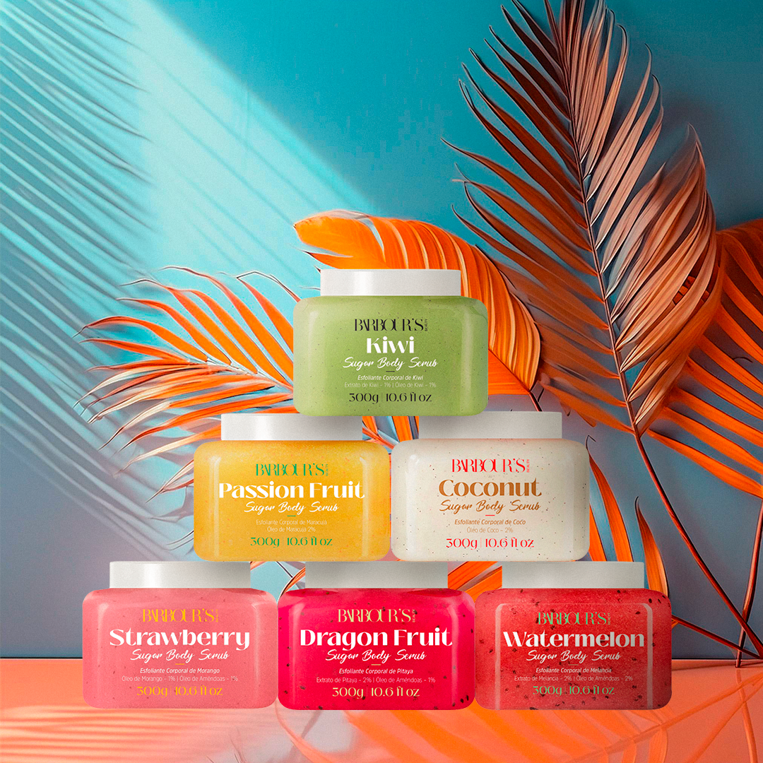 Kit 7 Esfoliantes Corporais - Melancia, Maracujá, Vitamina C, Pitaya, Morango, Kiwi e Coco